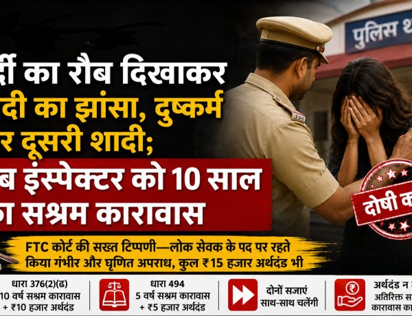 वर्दी का रौब दिखाकर शादी का झांसा, दुष्कर्म और दूसरी शादी; सब इंस्पेक्टर को 10 साल का सश्रम कारावास,FTC कोर्ट की सख्त टिप्पणी—लोक सेवक के पद पर रहते किया गंभीर और घृणित अपराध, कुल ₹15 हजार अर्थदंड भी          