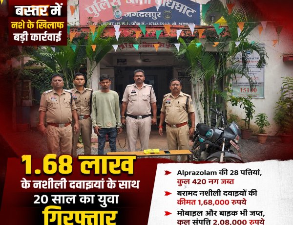 बस्तर पुलिस की नशे के खिलाफ बड़ी कार्रवाई: 1.68 लाख की Alprazolam टैबलेट जब्त, 20 वर्षीय युवक गिरफ्तार