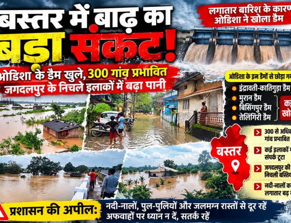 बस्तर में बाढ़ का संकट बरकरार: इंद्रावती उफान पर, ओडिशा के कई डैमों के गेट खुलने से 300 से ज्यादा गांव प्रभावित; जगदलपुर की निचली बस्तियों में घुसा पानी