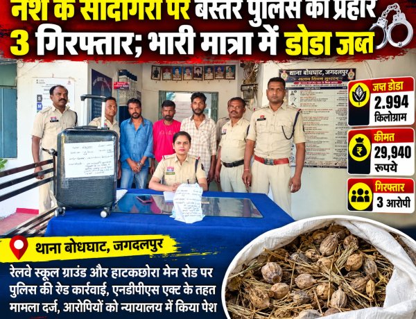 जगदलपुर में डोडा तस्करी पर बस्तर पुलिस का शिकंजा! 3 आरोपी गिरफ्तार, 2.994 किलो प्रतिबंधित मादक पदार्थ जब्त